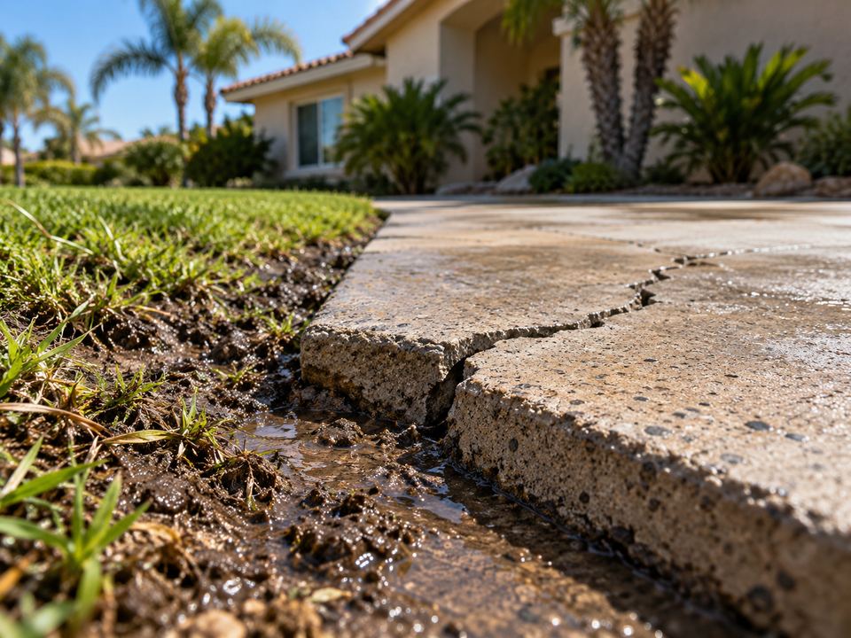 Cracked concrete walkway beside a muddy strip of lawn