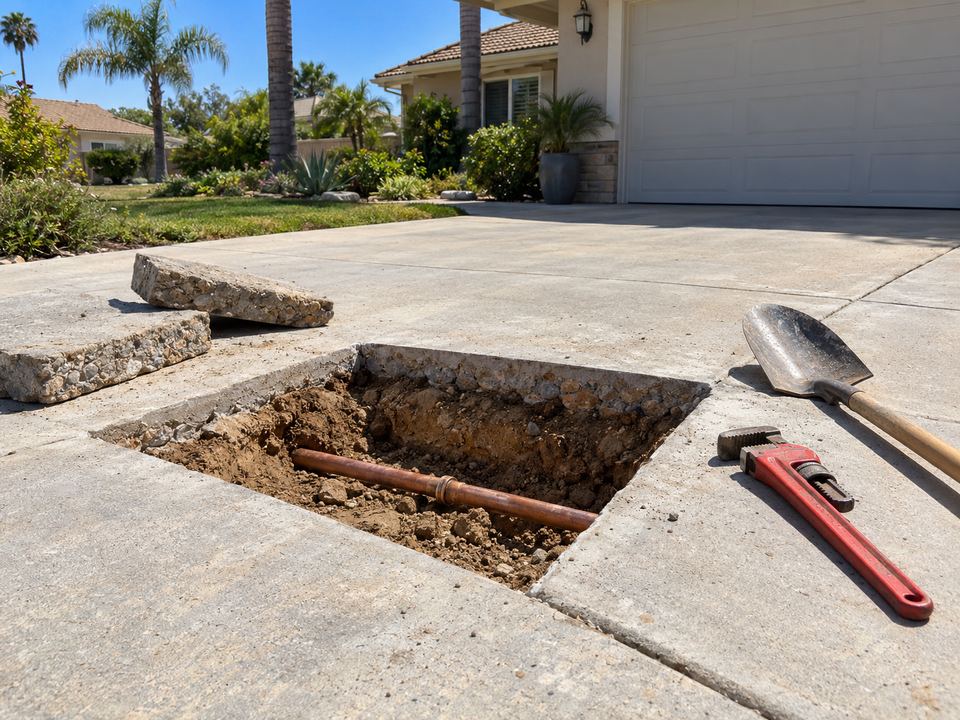 Saw-cut opening in a concrete driveway exposing a copper water pipe in the soil