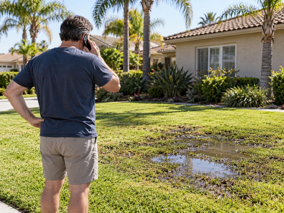 Homeowner seen from behind making a phone call while looking at a soggy patch on the front lawn
