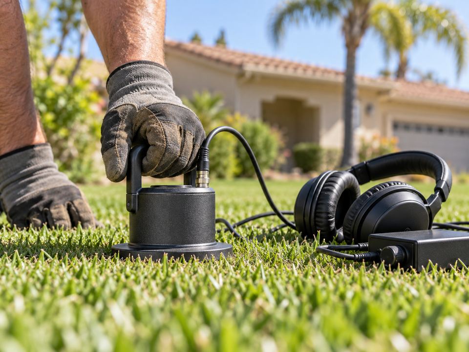 Gloved hand placing an acoustic leak detection ground microphone with headphones on a lawn