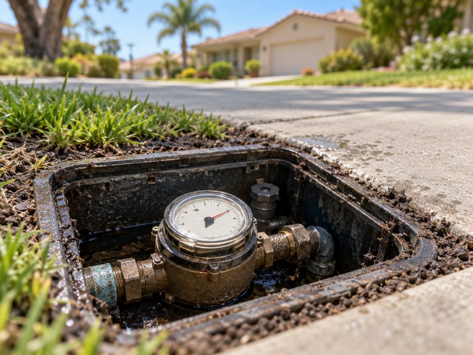 Open residential water meter box set in the ground beside a sidewalk
