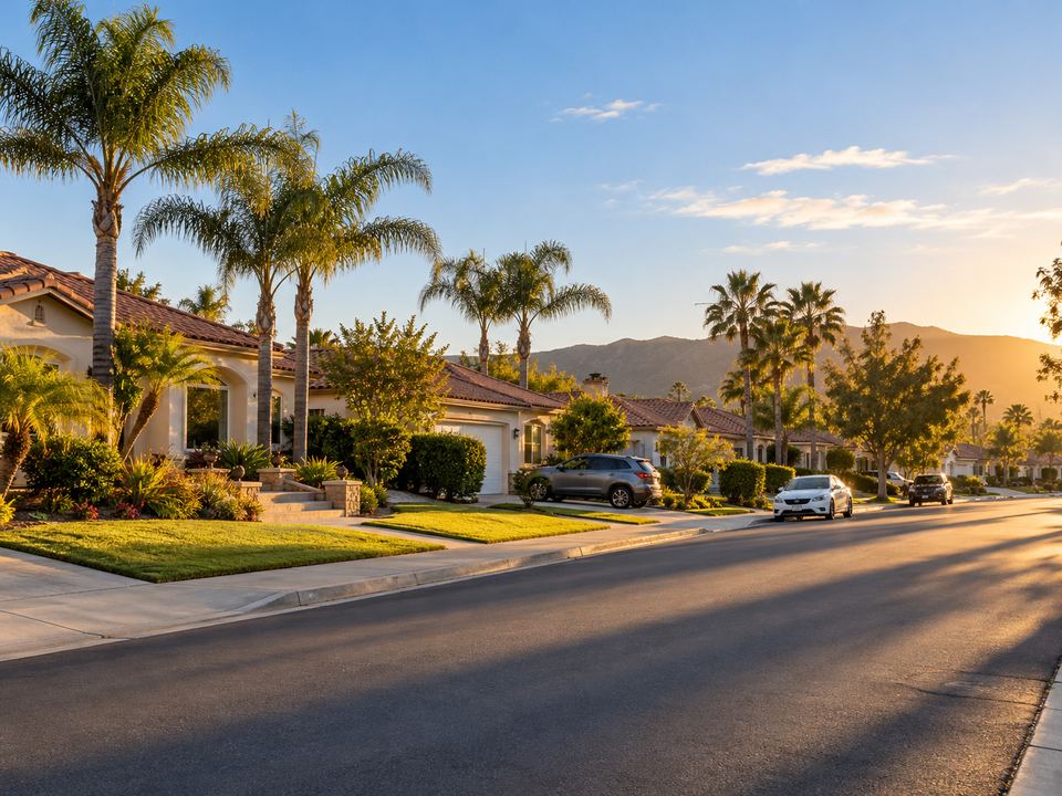 Sunny Southern California residential street with palm trees and single-story homes