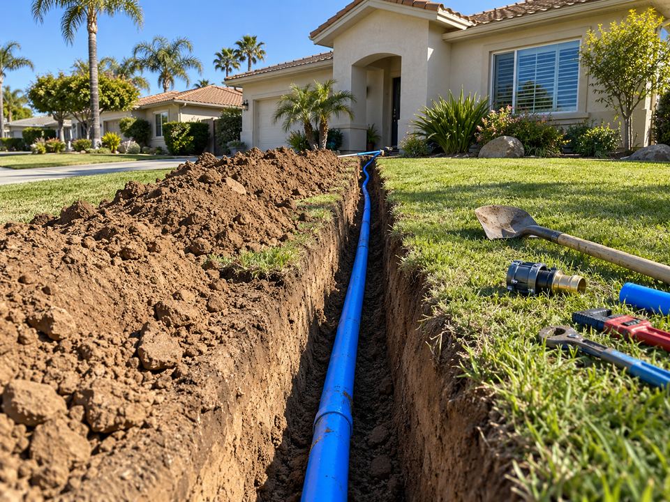 New blue water service pipe laid in a narrow trench across a sunny front lawn