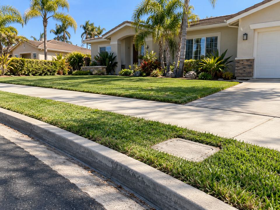 Water meter box lid in the grass strip between the sidewalk and the street in front of a home