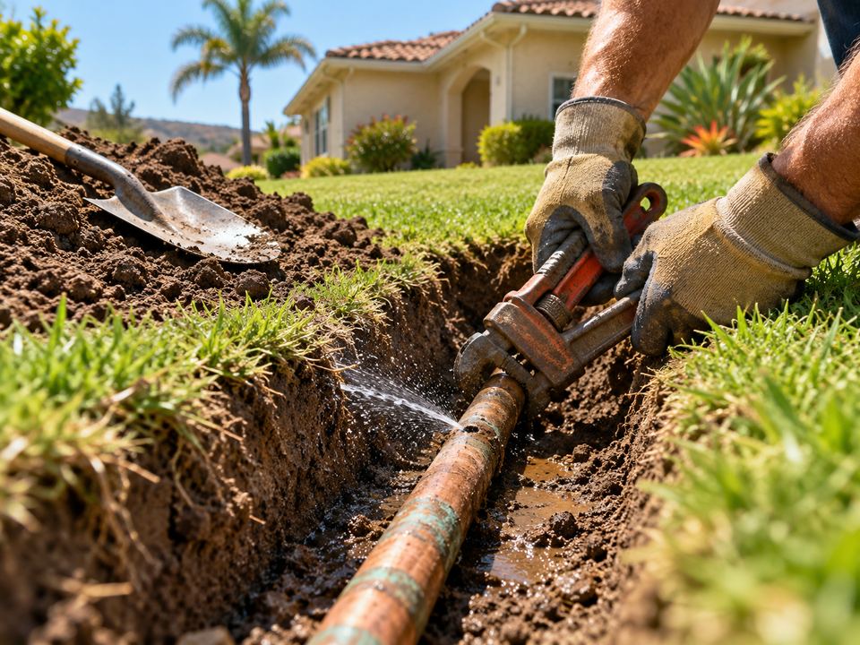 Gloved hands working on a leaking copper water pipe exposed in a shallow lawn trench