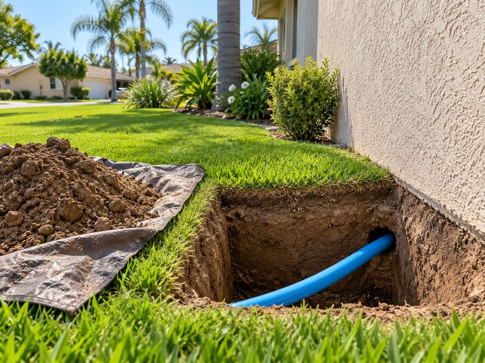 Small access pit in a lawn beside a house with a new blue pipe for trenchless replacement